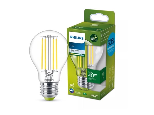 Philips - LED-filamentlyspære - form: A60 - klar finish - E27 - 2.3 W (ekvivalent 40 W) - klasse A - kjølilg hvitt lys - 4000 K