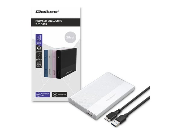 Qoltec aluminiumshus | SSD HDD 2,5" stasjonsplass | SATA | USB 3.0 | Superhastighet 5 Gb/s | 2TB | Sølv