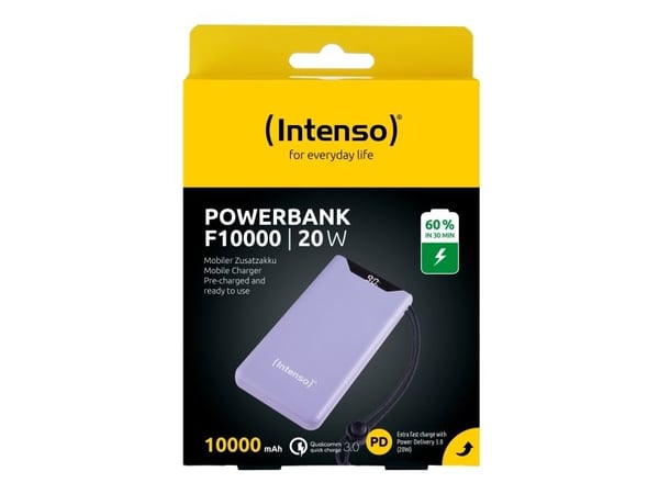 Intenso F10000 - Strømbank - 10000 mAh - 20 watt - 3 A - QC 3.0, Power Delivery 3.0 + PPS - 2 utgangskontakter (USB-C, USB-type A) - på kabel: USB-...