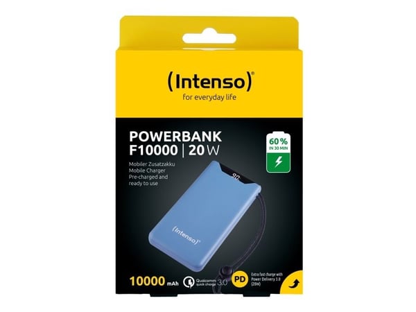 Intenso F10000 - Strømbank - 10000 mAh - 20 watt - 3 A - QC 3.0, Power Delivery 3.0 + PPS - 2 utgangskontakter (USB-C, USB-type A) - på kabel: USB-...