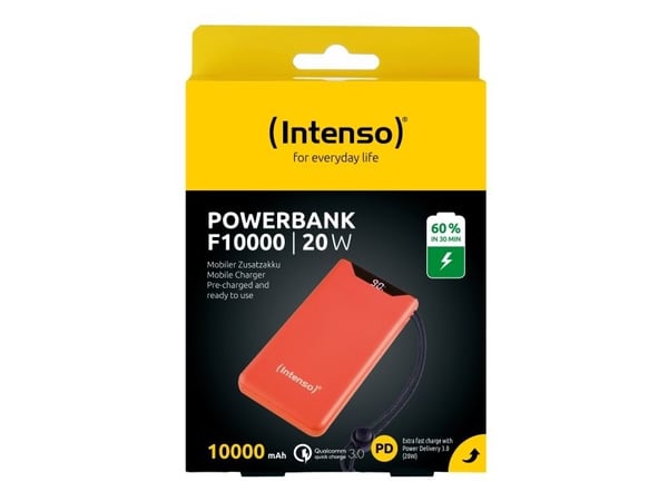 Intenso F10000 - Strømbank - 10000 mAh - 20 watt - 3 A - QC 3.0, Power Delivery 3.0 + PPS - 2 utgangskontakter (USB-C, USB-type A) - på kabel: USB-...