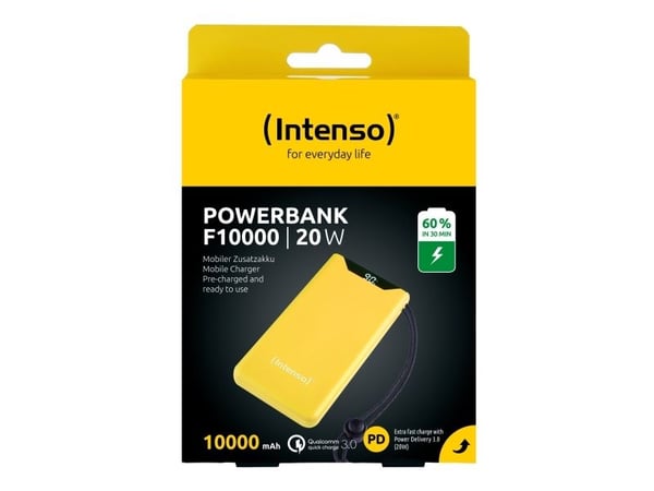 Intenso F10000 - Strømbank - 10000 mAh - 20 watt - 3 A - QC 3.0, Power Delivery 3.0 + PPS - 2 utgangskontakter (USB-C, USB-type A) - på kabel: USB-...