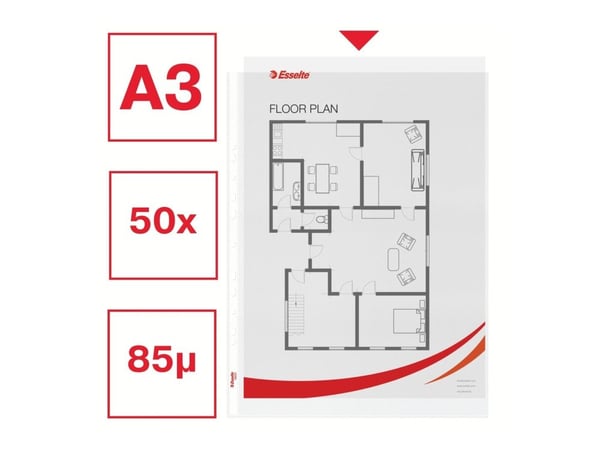 Plastlommer A3 Esselte Premium 0,08 mm højformat præg - (50 stk.)