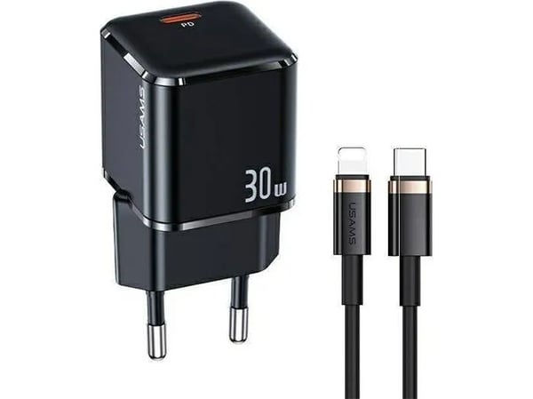 USAMS verkkolataus 1xUSB-C T45 30W PD3.0 +QC3.0 pikalataus + U63 USB-C/Lightning kaapeli musta/musta UXTZH01 (USAMS-UX)