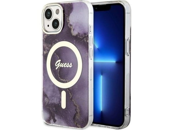 Guess GUHMP14SHTMRSU iPhone 14 6,1" hårdplastfodral Golden Marble MagSafe - lilla/lilla