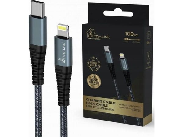 Kabel USB ExtraLink Extralink Smart Life 60W, USB-C - USB-C 120cm, PVC, 5V 2.4A/3A, szary