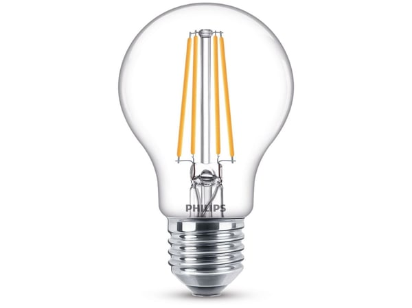 Philips Glødepære, klar, 60 W, A60, E27 x 6, 7 W, 60 W, E27, 806 lm, 15000 timer, Varm hvit