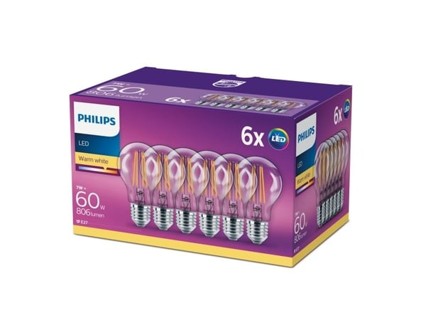 Philips Glødepære, klar, 60 W, A60, E27 x 6, 7 W, 60 W, E27, 806 lm, 15000 timer, Varm hvit