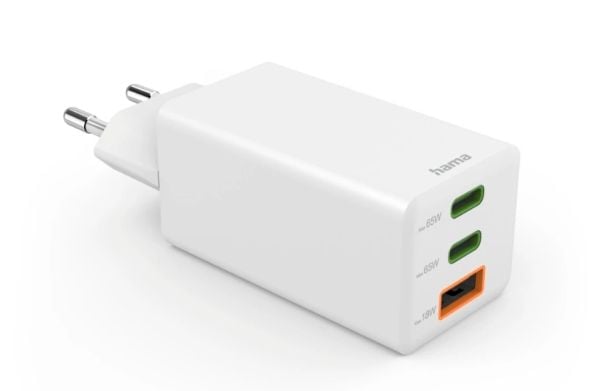 Hama mini GaN 65W PD/QC 2x USB-C, 1x USB-A biała biała