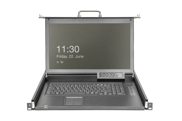 Digitus - KVM-konsoll med KVM-svitsj - 1 porter - Tysk - 17" - kan monteres i rack - 1920 x 1080 Full HD (1080p) @ 60 Hz - 1000:1 - RAL 9005, svart