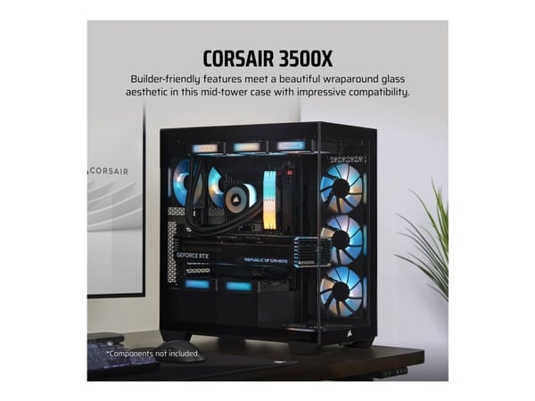 CORSAIR 3500X - Mid tower - utökad ATX - genomskinlig sidopanel (härdat glas) - ingen strömförsörjning (ATX) - svart - USB/ljud