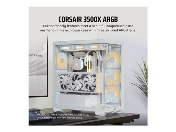 CORSAIR 3500X ARGB - Mid tower - utvidet ATX (E-ATX) - sidepanel med vindu (herdet glass) - ingen strømforsyning (ATX) - hvit - USB/lyd