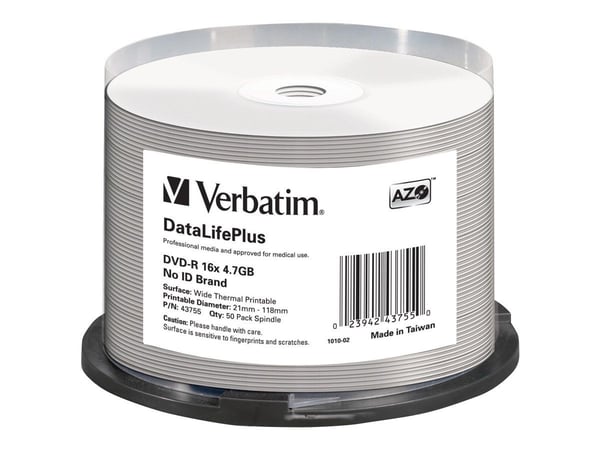 Verbatim DataLifePlus - 50 x DVD-R - 4.7 GB 16x - bred termoskriveoverflate - spindel
