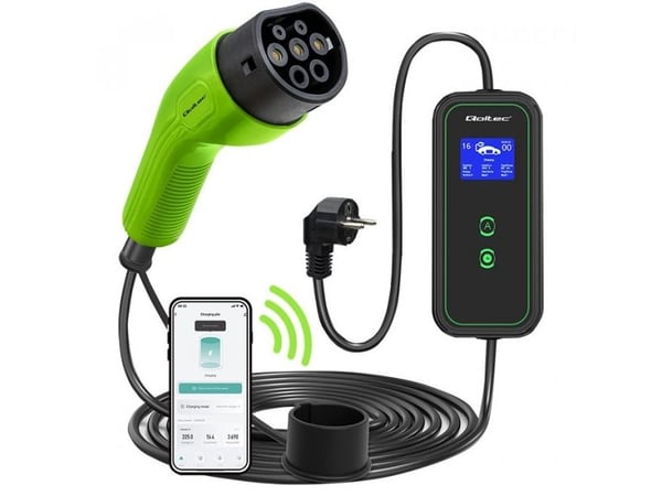 Qoltec - EV-ladestasjon - adjustable, 2-in-1, 230V, Wi-Fi - 3.5 kW - 16 A (IEC 62196 Type 2) - svart, grønn