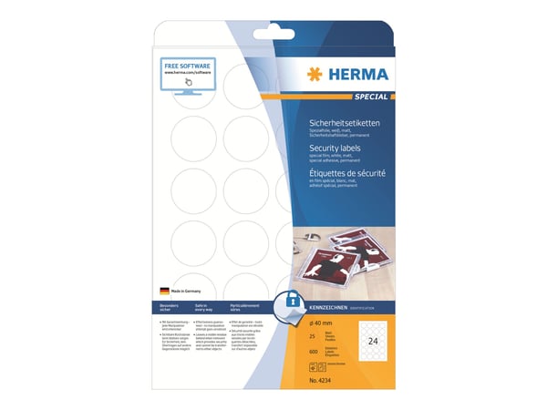 HERMA Special - Hvit - 40 mm rund 600 etikett(er) (25 ark x 24) permanent selvklebende matte sikkerhets-/forseglingsfilmetiketter