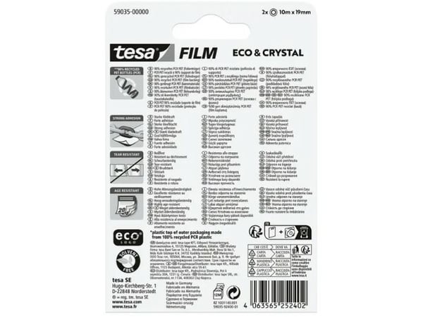TESA Eco & Crystal, Läpinäkyvä, Yksivärinen, Polyeteenitereftalaatti, Kiinteä, 10 m, 19 mm