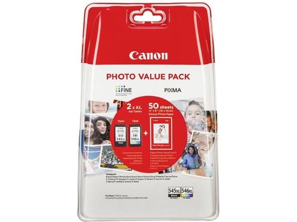 Canon PG-545XL/CL-546XL Photo Paper Value Pack - 2-pack - Høy ytelse - svart, farge (cyan, magenta, gul) - original - hengeboks - blekkpatron/papir...