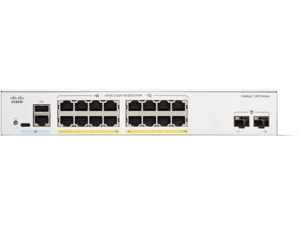 Cisco Catalyst 1300-16P-2G - Switch - L3 - Styrt - 16 x 10/100/1000 (PoE+) + 2 x Gigabit SFP - rackmonterbar - PoE+ (120 W)