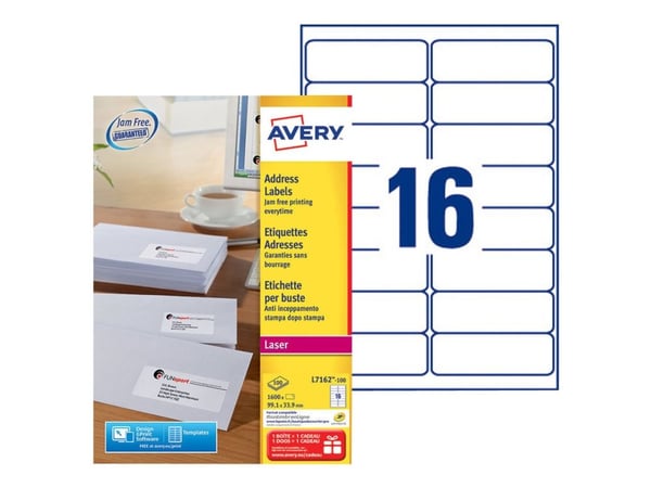 Adressetiketter, Avery L7162-100, 99,1 x 33,9 mm, 16 st per ark, 100 ark