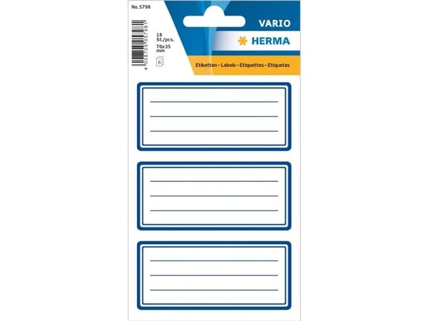 HERMA 5798, Blå, Vit, Rektangel, Permanent, 76 x 35 mm, papper, 18 styck