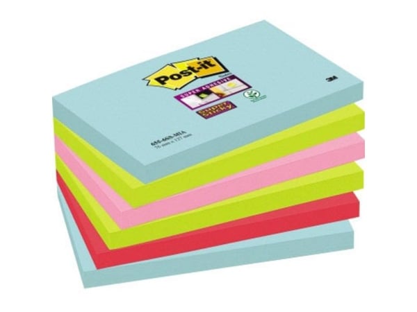 Post-it Super Sticky 6556SMI - Noter - 127 x 76 mm - 540 ark (6 x 90) - turkis, neongrønn, neonrosa, valmuerød