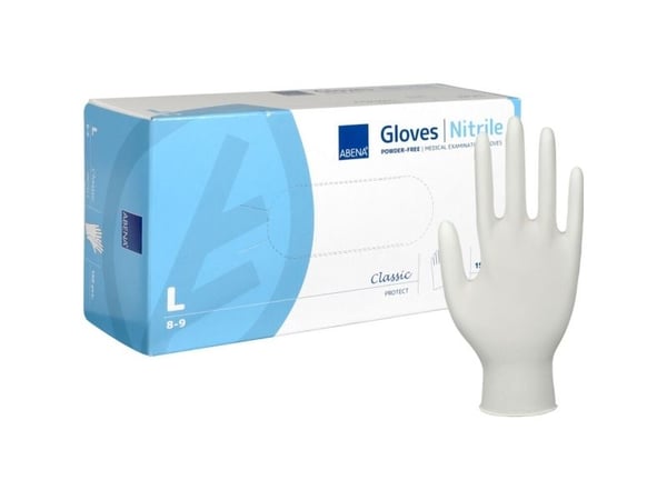 Undersøkelseshanske, ABENA Classic Protect, størrelse L, hvit, nitril, pudderfri - (150 stk.)