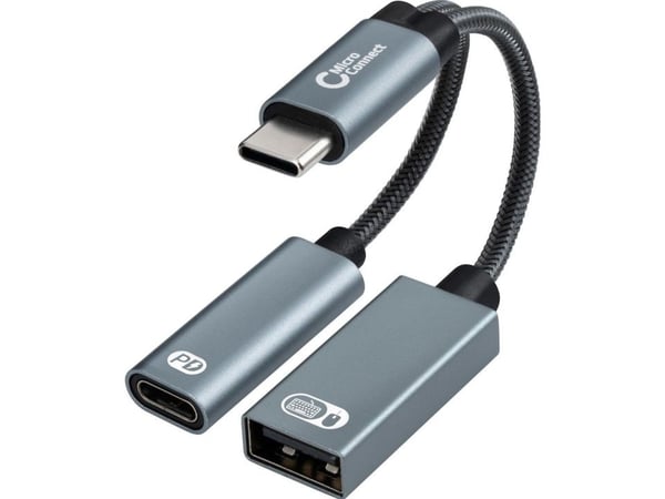 MicroConnect - USB-adapter - 24 pin USB-C (hann) til USB-type A, USB-C (PD) (hunn) - 20 V - 3 A - 13 cm - sølv