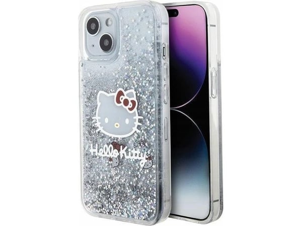 Hello Kitty Nestemäinen Glitter Charms Kitty Head dėklas iPhone 15 - sidabrinis