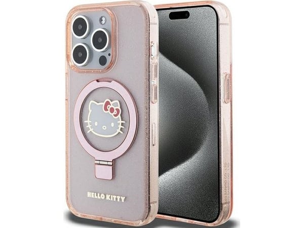 "Hello Kitty Ring Stand Glitter Electrop Logo MagSafe Case iPhone 15 Pro - vaaleanpunainen - vaaleanpunainen