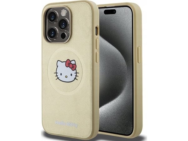 Hello Kitty iPhone 15 Pro Max 6,7" hardcase i gull/gull med MagSafe Leather Kitty Head Hello Kitty iPhone 15 Pro Max 6,7" hardcase i gull/gull med MagSafe Leather Kitty Head