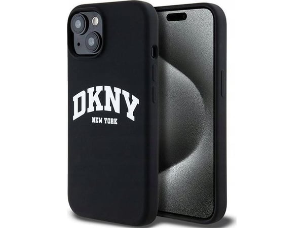 DKNY Liquid Silicone vit med tryckt logga MagSafe mobilskydd iPhone 15 Plus / 14 Plus (svart)
