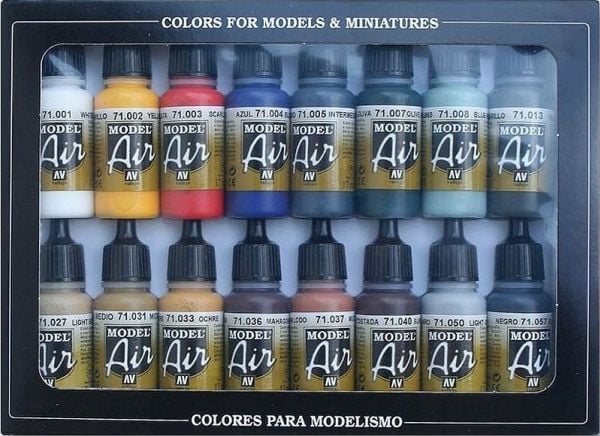 Vallejo 71.178, Musta, Sininen, Ruskea, Vihreä, Okra, Oliivi, Punainen, Valkoinen, Keltainen, Akryylimaali, Nestemäinen, 17 ml, 16 kappaletta