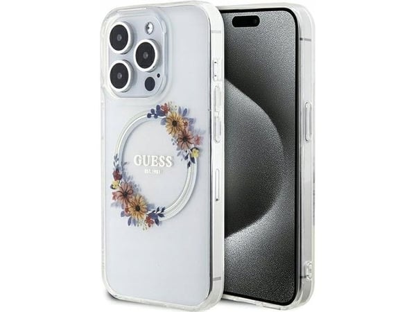 Guess IML Flowers Wreatch MagSafe-deksel for iPhone 15 Pro - transparent