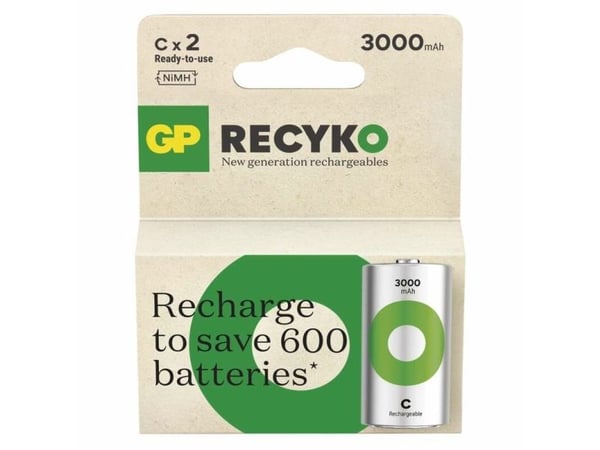 GP Batteries Recyko 3000 C, 3000 mAh, Nikkelmetallhydrid (NiMH), C, 1,2 V, Grønn, Sølv, 2 stykker