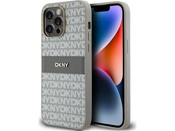 DKNY DKHCP14LPRTHSLE iPhone 14 Pro 6,1" beige hårdskal i läder, mono stripe & metallogga