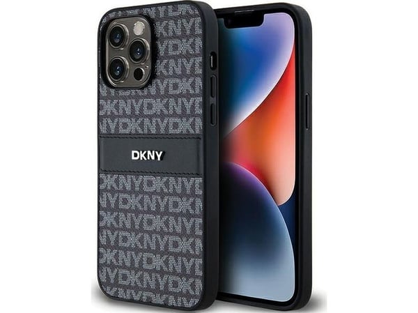 DKNY DKHCP14XPRTHSLK iPhone 14 Pro Max 6,7" svart hardcase i läder – Mono Stripe & metallogga
