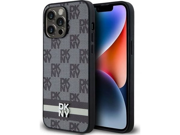 DKNY DKHCP14XPCPTSSK iPhone 14 Pro Max 6,7" svart hardcase i lær med rutemønster og trykte striper