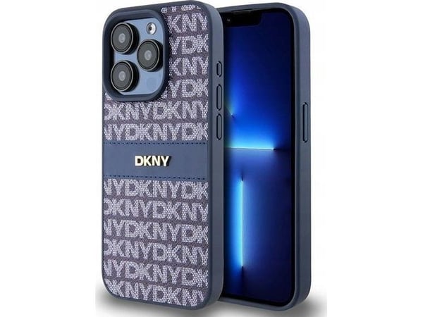 DKNY DKHCP15LPRTHSLB iPhone 15 Pro 6,1" blå hardcase i skinn med monostripe og metalllogo