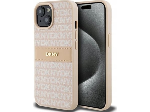 DKNY DKHCP15MPRTHSLP iPhone 15 Plus / 14 Plus 6.7" vaaleanpunainen / vaaleanpunainen kova kotelo, nahkainen yksivärinen raita ja metallinen logo