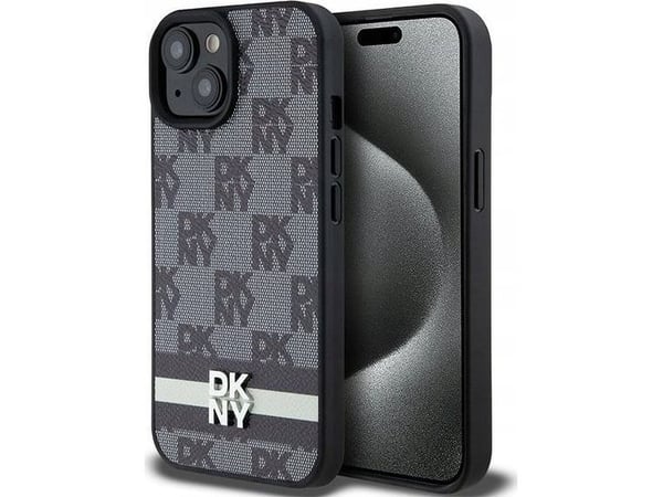 DKNY DKHCP15SPCPTSSK iPhone 15/14/13 6,1" svart hardcase i lær, rutete mono-mønster & trykte striper