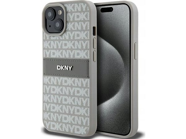 DKNY DKHCP15SPRTHSLE iPhone 15/14/13 6,1 beige hårdskal i läder mono stripe & metallogotyp