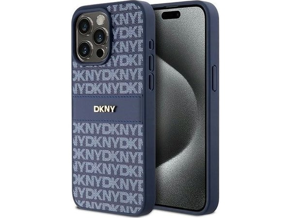 DKNY läder mono stripe & metallogga-skal till iPhone 15 Pro Max - blå