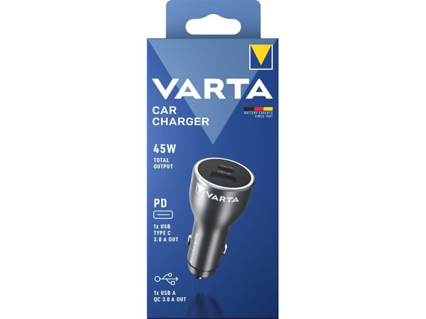 Varta - Bilstrømadapter - 45 watt - 3 A - QC, PD - 2 utgangskontakter (USB, 24 pin USB-C)