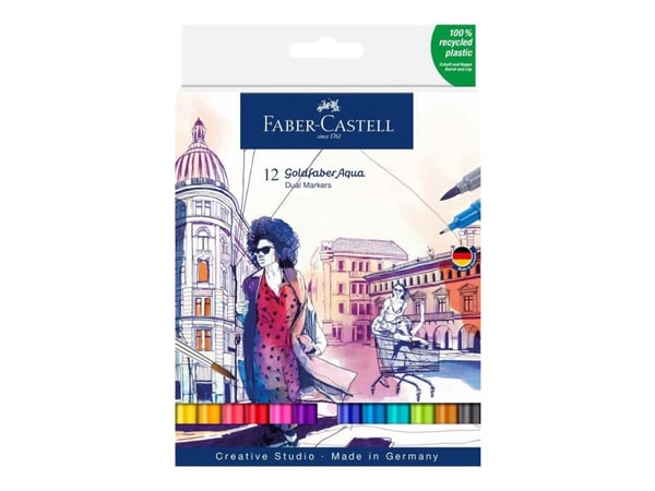 Faber-Castell Creative Studio Goldfaber Aqua - Brush pen and fineliner combo - assorterte farger - vannbasert fargestoffblekk - 4 mm (en pakke 12)