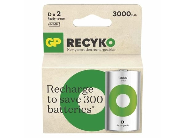 GP Batteries Recyko 3000 D, 3000 mAh, Nikkelmetallhydrid (NiMH), D, 1,2 V, Grønn, Sølv, 2 stykker