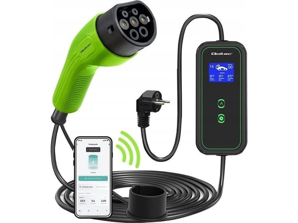 Qoltec - EV-ladestasjon - adjustable, 2-in-1, 230V, Wi-Fi - 3.5 kW - 16 A (IEC 62196 Type 2) - svart, grønn