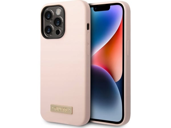 Guess Phone Case iPhone 14 Pro Max 6,7 GUHMP14XSBPLP vaaleanpunainen kova Puhelin Asia Liquid Silikoni Logo Plate MagSafe