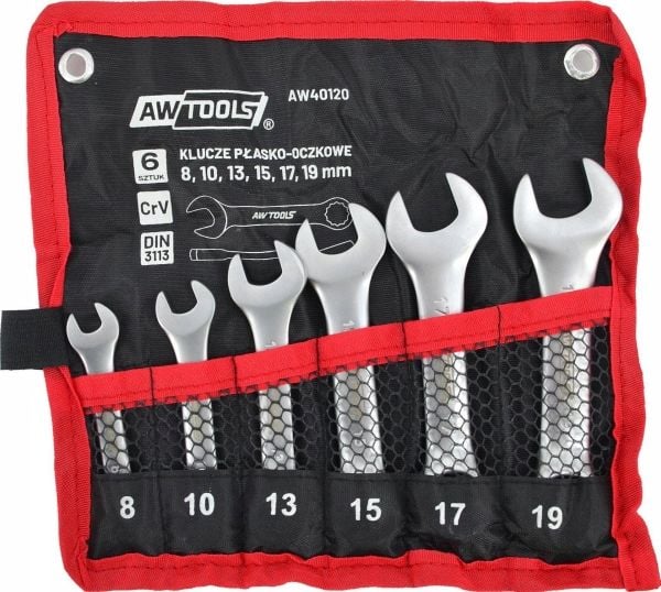 AWTools korte nøkkel-/skrunøkkelsett 6 deler / 8-19 mm (8, 10, 13, 15, 17, 19 mm)