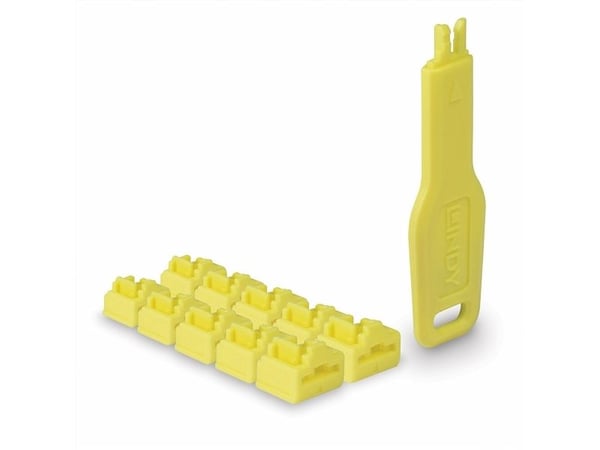 Lindy 47900, Portblokkering + nøkkel, RJ-45, Gult, Akrylonitril-butadien-styren (ABS), 10 stykker, Polybag