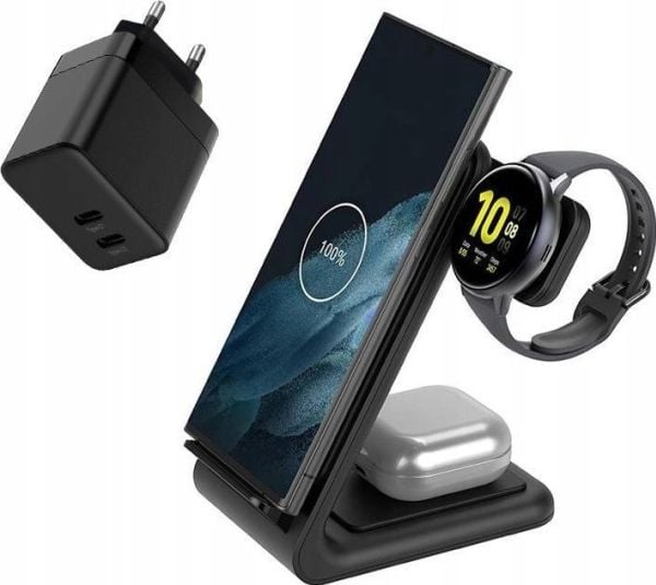Crong - GaN PD 35W lader pluss PowerSpot Pivot Stand 3in1 trådløs lader for iPhone, Samsung og Android